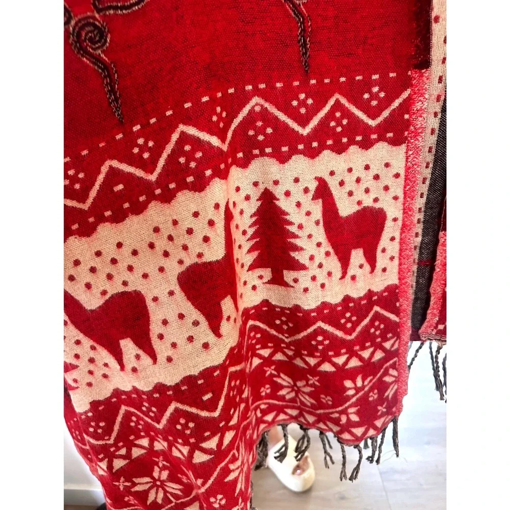 Boho Red Alpaca Print Knit Oversized Shawl Wrap Fringe Trim Festive Reversible